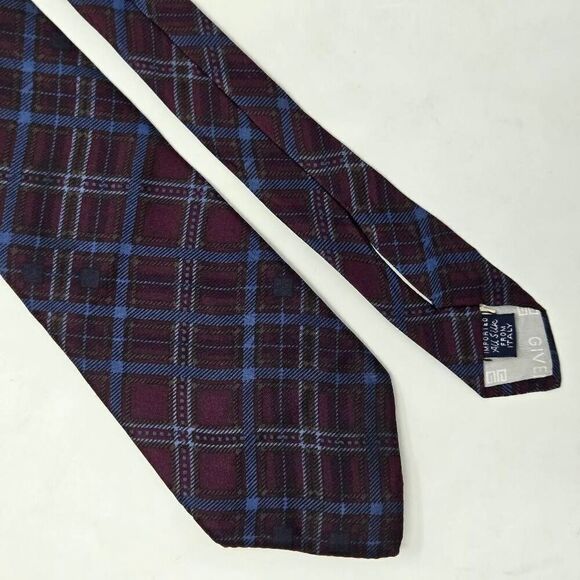 GIVENCHY GENTLEMAN PARIS SILK TIE MAROON BLUE TARTAN PLAID 3.5" X 55" - Picture 1 of 3